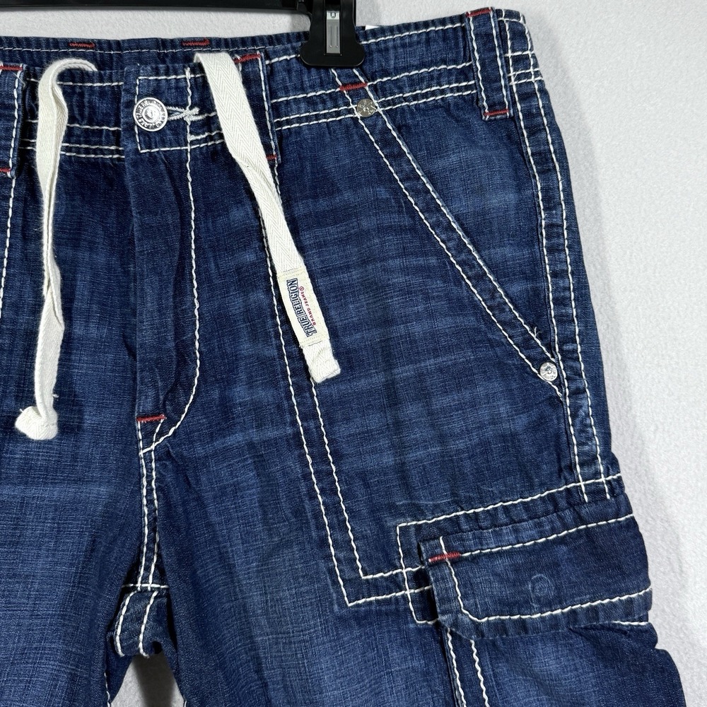 True Religion Cargo Shorts Men 36 Big T Red Stitch Denim Cut Off Drawstring Jean - Picture 3 of 15